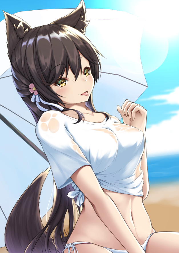 1girl :p alternate_costume animal_ears atago_(azur_lane) azur_lane bangs beach beach_umbrella bikini bikini_bottom black_hair blue_sky blush breasts collarbone day eyebrows_visible_through_hair flower fox_ears fox_tail hair_flower hair_ornament half_updo horizon inora lens_flare long_hair medium_breasts navel no_bra ocean ribbon see-through shiny shiny_hair shirt short_sleeves side-tie_bikini sitting sky smile solo stomach sunlight swimsuit tail tied_hair tongue tongue_out umbrella very_long_hair white_bikini_bottom white_ribbon white_shirt yellow_eyes