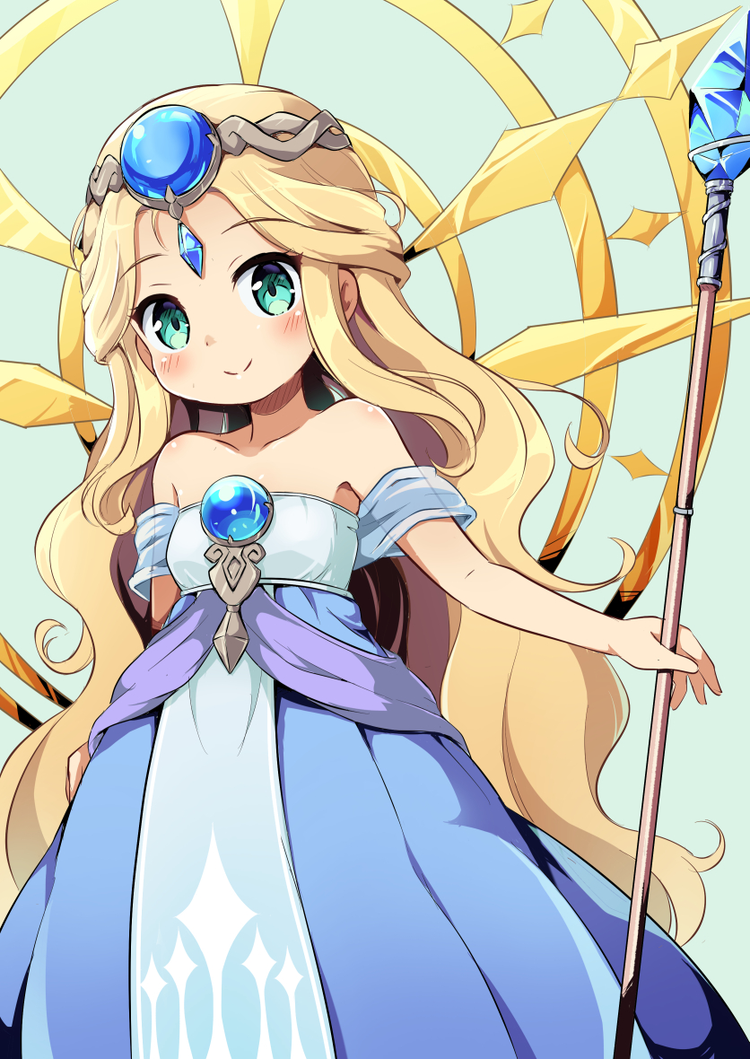 1girl bare_shoulders blonde_hair blue_dress character_request commentary_request diadem dress eyebrows_visible_through_hair gem green_eyes long_hair looking_at_viewer maplestory maplestory_2 nekono_rin simple_background smile solo staff strapless strapless_dress very_long_hair