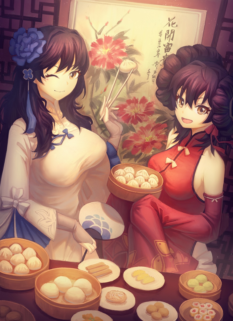 2girls bangs baozi bare_shoulders black_hair blue_flower bow breasts brown_eyes china_dress chinese_clothes chopsticks detached_sleeves double_bun dress dumpling elbow_gloves fan fingerless_gloves flower food girls_frontline gloves gooster hair_between_eyes hair_bun hair_flower hair_ornament hair_ribbon highres holding holding_chopsticks jiaozi large_breasts long_hair multiple_girls one_eye_closed open_mouth painting plate qbz-95_(girls_frontline) qbz-97_(girls_frontline) red_dress ribbon siblings sidelocks sisters sleeves_past_fingers smile white_dress