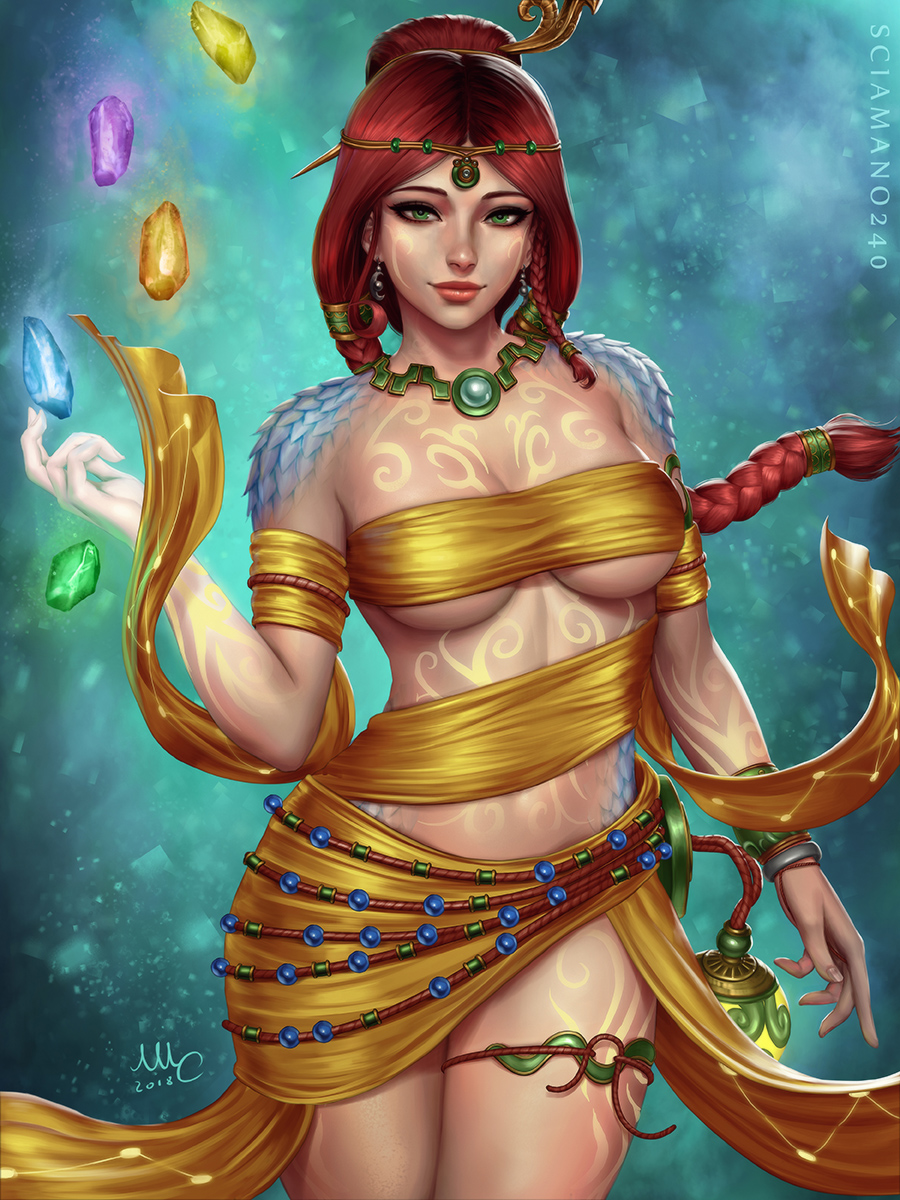 1girl artist_name bangs blue_background bracelet breasts brown_hair circlet closed_mouth commentary contrapposto dated earrings english_commentary gem green_eyes hand_up highres jewelry lantern large_breasts looking_at_viewer mirco_cabbia necklace nu_wa_(smite) parted_bangs red_lips redhead revealing_clothes scales signature smile smite solo tattoo