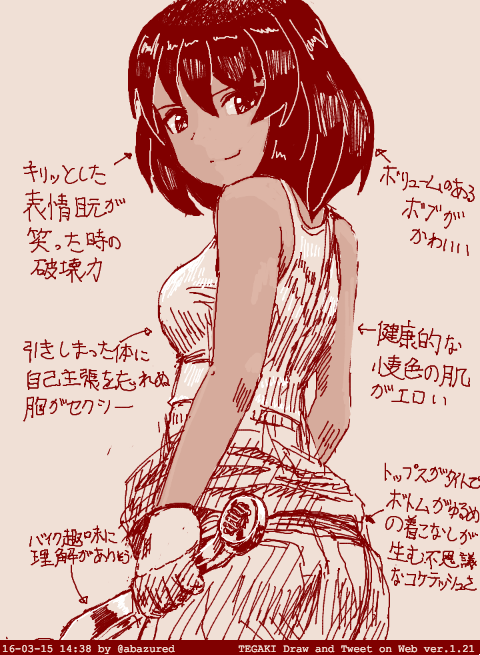 1girl abazu-red ass black_hair breasts cowboy_shot from_behind girls_und_panzer hoshino_(girls_und_panzer) looking_at_viewer medium_breasts monochrome smile solo tan tank_top tegaki tegaki_draw_and_tweet translation_request wrench