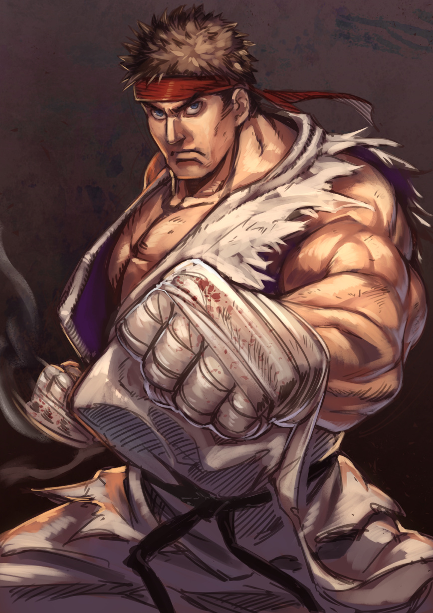 &gt;:( 1boy asutora bandage bandaged_hands belt black_belt blue_eyes brown_hair clenched_hands closed_mouth commentary_request cowboy_shot fighting_stance fingerless_gloves foreshortening frown gloves headband highres looking_at_viewer male_focus muscle pants red_headband ryuu_(street_fighter) sleeveless solo standing street_fighter torn_clothes white_pants