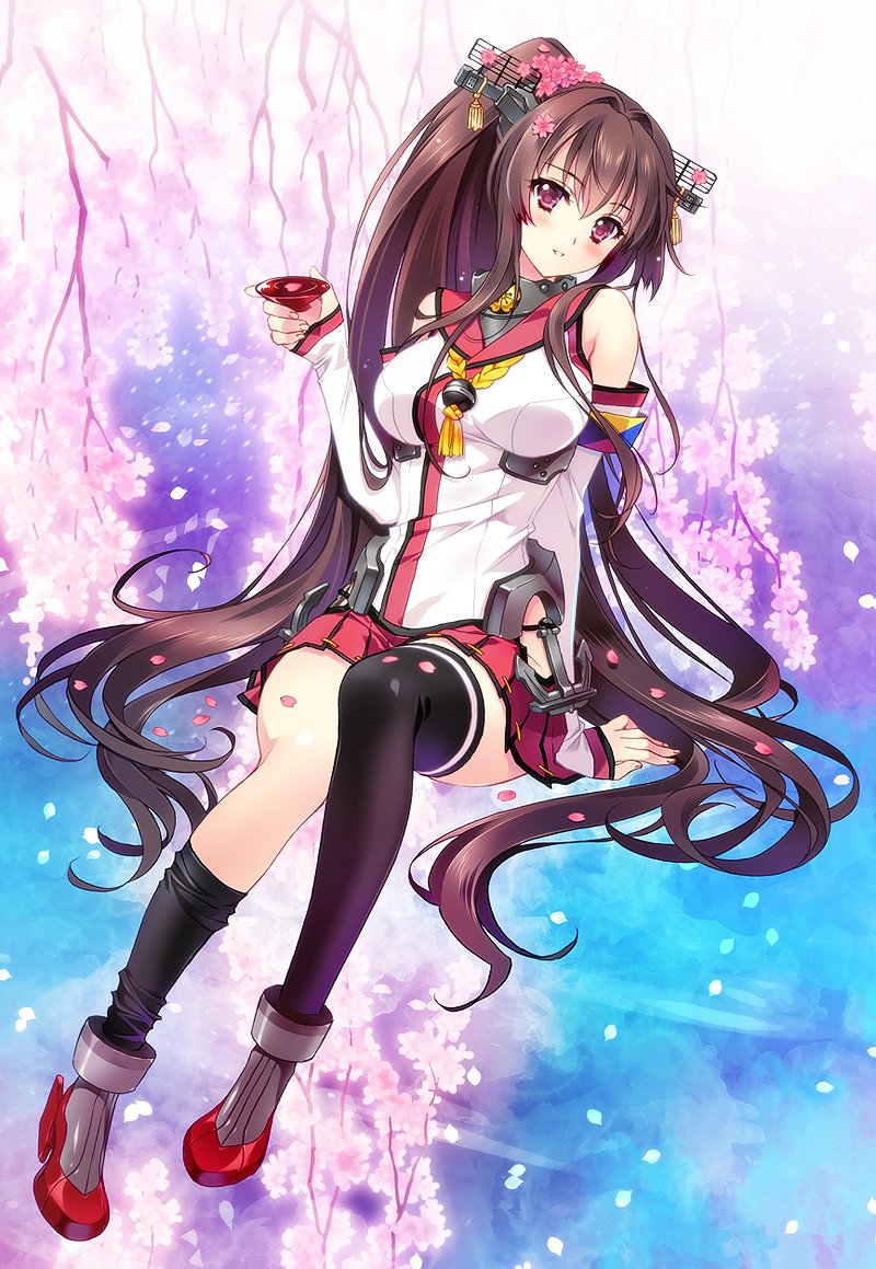 1girl anchor artist_name asymmetrical_legwear blush breasts brown_hair carnelian cherry_blossoms cup detached_sleeves flower hair_intakes headgear kantai_collection large_breasts long_hair looking_at_viewer miniskirt parted_lips petals pleated_skirt ponytail sakazuki single_thighhigh skirt solo thigh-highs thighhighs_pull very_long_hair yamato_(kantai_collection)