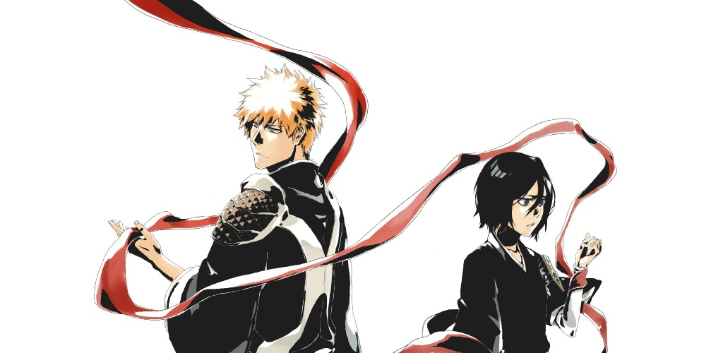 black_eyes black_hair black_kimono bleach collarbone couple hair_between_eyes japanese_clothes kimono kuchiki_rukia kurosaki_ichigo orange_hair red_ribbon ribbon simple_background spaulders spiky_hair upper_body urushibara_ruka white_background