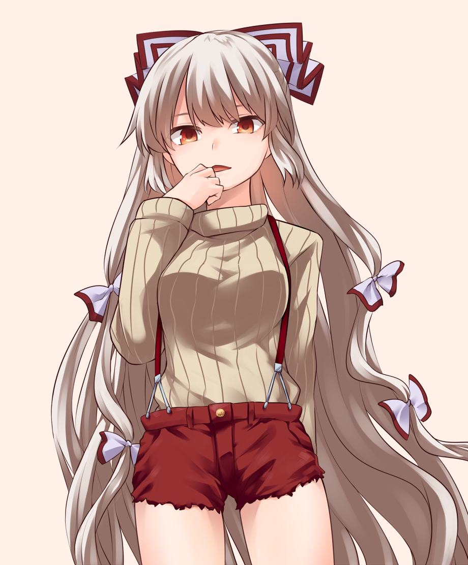 1girl alternate_costume beige_background beige_sweater bow breasts commentary_request cowboy_shot cutoffs fujiwara_no_mokou hair_bow hand_to_own_mouth hand_up long_hair long_sleeves looking_at_viewer medium_breasts miyo_(ranthath) open_mouth red_eyes red_shorts ribbed_sweater short_shorts shorts silver_hair simple_background solo standing suspenders sweater touhou very_long_hair white_bow