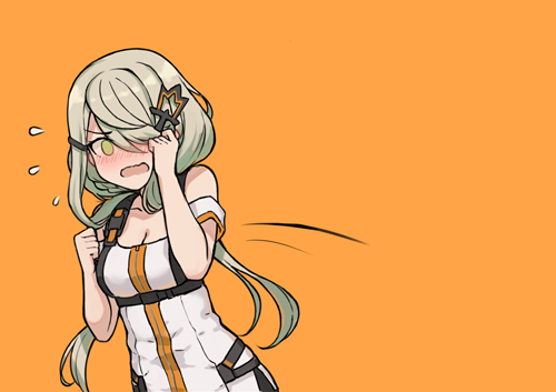 1girl adjusting_hair bangs bare_shoulders blush braid breasts buckle cleavage collarbone commentary dress girls_frontline green_eyes hair_ornament hairclip harness leaning_forward long_hair looking_at_viewer low_twintails lowres medium_breasts open_mouth orange_background short_dress sidelocks simple_background solo strap strapless strapless_dress tac-50_(girls_frontline) terras twintails upper_body zipper