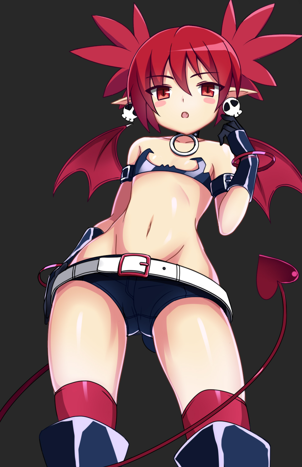 1girl alice360 bare_shoulders boots bracelet collar demon_girl demon_tail demon_wings disgaea disgaea_d2 earrings etna flat_chest from_below gloves hand_on_hip highres jewelry navel pointy_ears redhead short_shorts short_twintails shorts skull_earrings slit_pupils tail thigh-highs thighhighs_under_boots twintails wings
