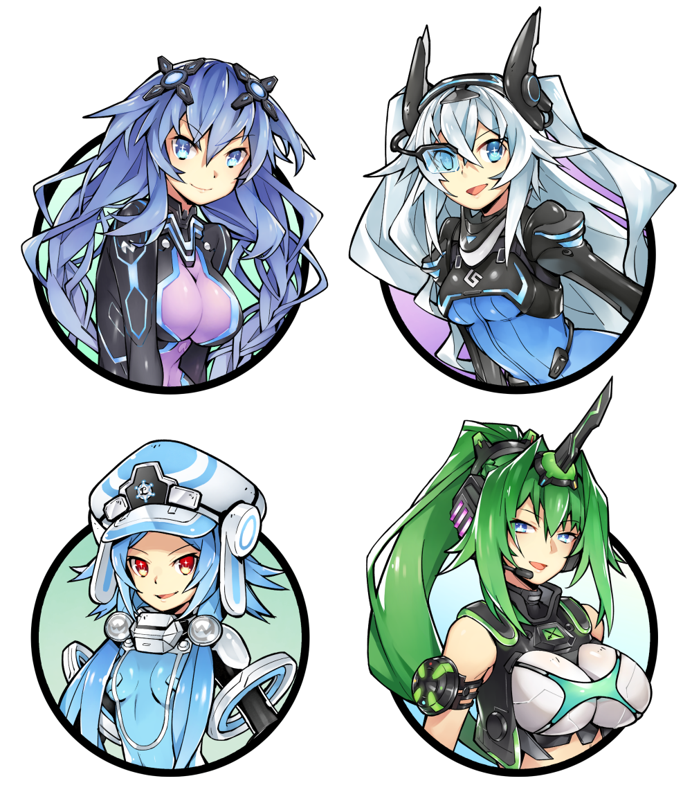 4girls blue_eyes blue_hair gebyy-terar green_hair grey_hair multiple_girls neptune_(series) next_black next_green next_purple next_white red_eyes shin_jigen_game_neptune_vii smile