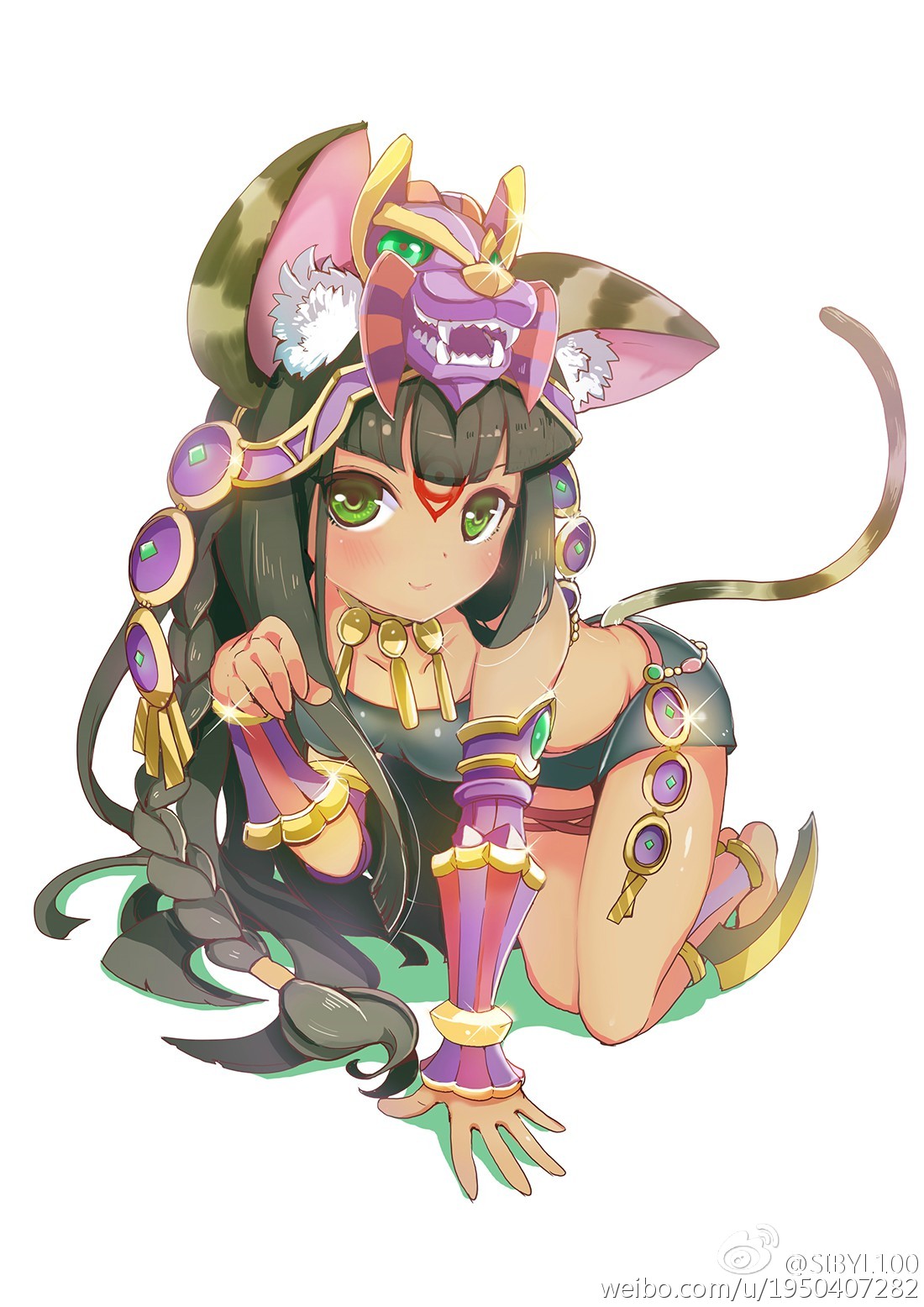 1girl all_fours animal_ears anklet bangs barefoot bastet_(p&amp;d) black_hair black_skirt blunt_bangs braid closed_mouth foreshortening glint green_eyes headgear highres jewelry long_hair looking_at_viewer microskirt necklace paw_pose puzzle_&amp;_dragons sibyl simple_background skirt smile solo twitter_username watermark web_address weibo_id white_background