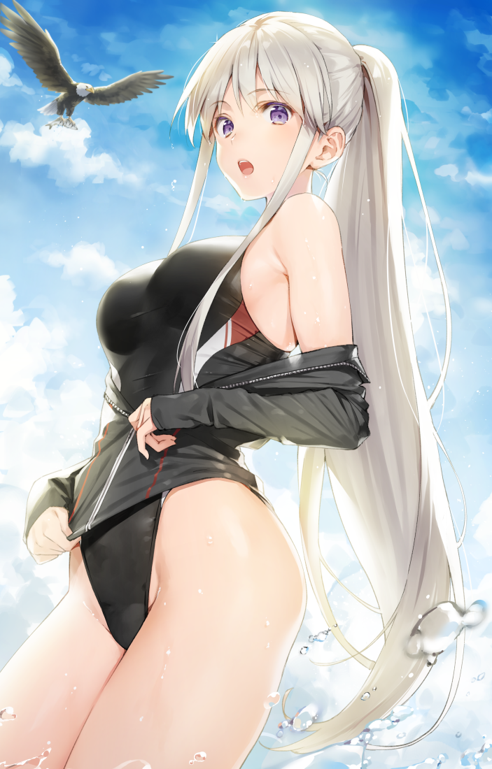 1girl :o alternate_costume alternate_hairstyle armpit_peek azur_lane bangs bare_shoulders bird black_swimsuit blue_sky blush breasts clouds competition_swimsuit cowboy_shot day eagle enterprise_(azur_lane) eyebrows_visible_through_hair fish from_below groin hair_between_eyes impossible_clothes impossible_swimsuit long_hair long_sleeves looking_at_viewer medium_breasts off_shoulder one-piece_swimsuit open_mouth outdoors ponytail rash_guard sidelocks sky sleeves_past_wrists solo sparkle splashing surprised swimsuit thighs tokki unzipping very_long_hair violet_eyes water water_drop wet wet_hair white_hair