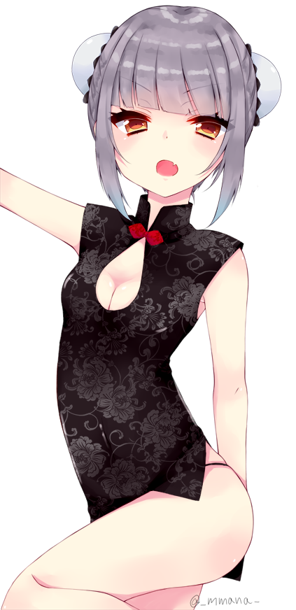 1girl alternate_costume arm_up black_dress blush breasts brown_eyes bun_cover china_dress chinese_clothes cleavage cleavage_cutout dress eyebrows_visible_through_hair fang floral_print grey_hair kantai_collection kasumi_(kantai_collection) leg_up looking_at_viewer manamusume_(mnpits) panty_straps print_dress shiny shiny_hair short_dress short_hair short_sleeves sidelocks simple_background skindentation small_breasts solo standing standing_on_one_leg thighs tsurime white_background