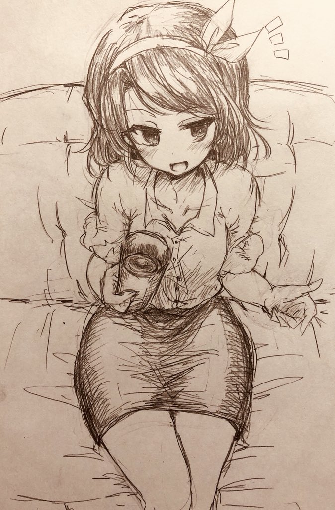 1girl bangs blush buttons collared_shirt commentary_request couch cowboy_shot efukei eyebrows_visible_through_hair holding monochrome notice_lines open_mouth pencil_skirt shirt short_hair short_sleeves sitting skirt solo touhou traditional_media usami_renko