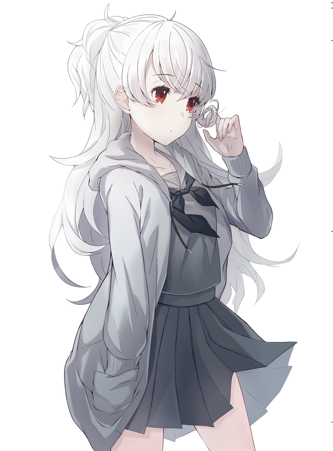 1girl black_legwear cowboy_shot grey_jacket grey_skirt hand_in_pocket hand_up jacket long_hair looking_to_the_side original pale_skin red_eyes ringozaka_mariko school_uniform skirt solo standing very_long_hair white_hair