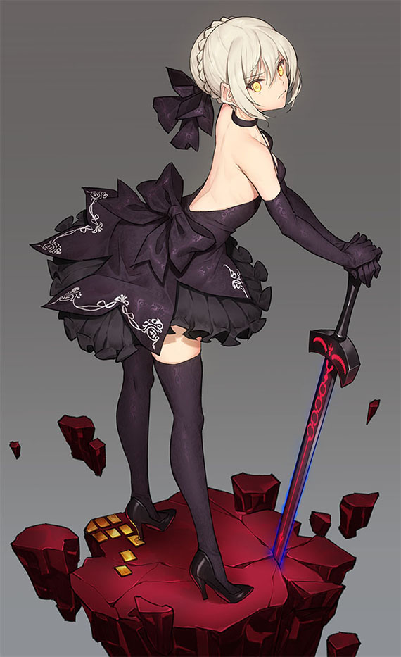 1girl artoria_pendragon_(all) bare_back black_dress black_legwear blonde_hair bow braid dark_excalibur dark_persona dress fate/stay_night fate_(series) french_braid gothic_lolita high_heels lolita_fashion looking_at_viewer saber_alter saitou_masatsugu sleeveless sleeveless_dress strapless strapless_dress sword thigh-highs weapon yellow_eyes