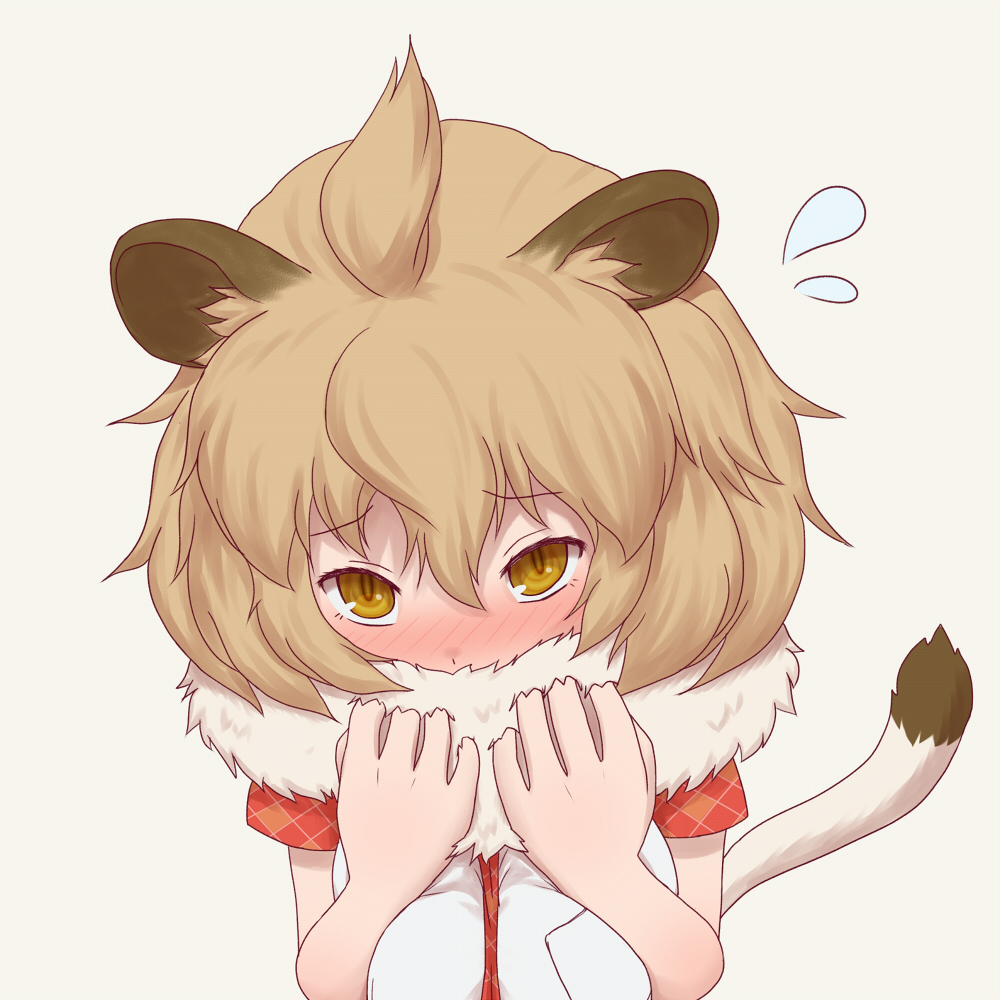 1girl animal_ears blonde_hair blush breast_pocket collared_shirt commentary_request covering_face depaken embarrassed flying_sweatdrops fur_collar kemono_friends lion_(kemono_friends) lion_ears lion_tail necktie nose_blush plaid_trim pocket shirt short_hair short_sleeves shy solo t-shirt tail upper_body