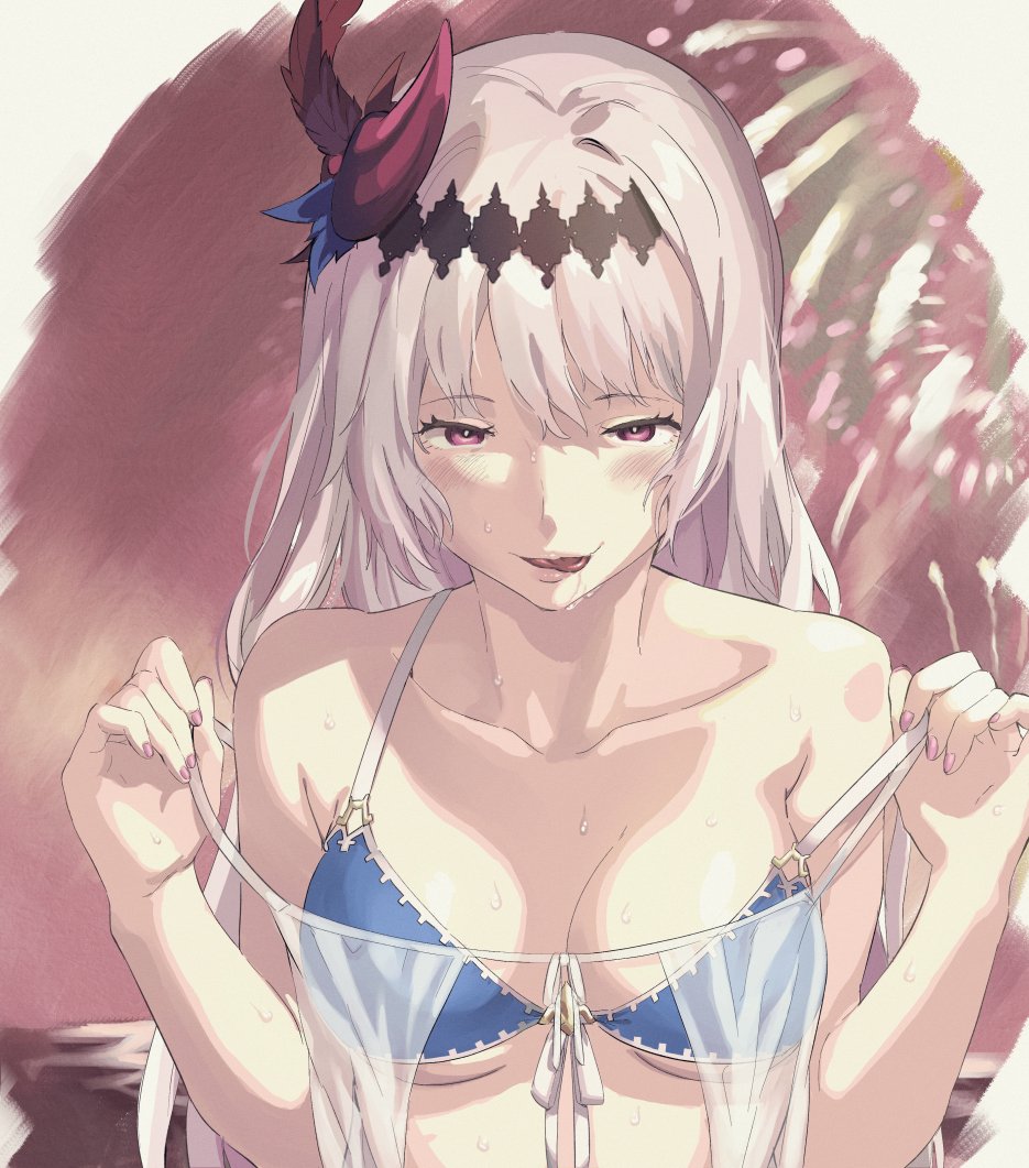 1girl bare_shoulders bikini blush collarbone dark_jeanne drooling feathers granblue_fantasy hair_feathers hairband jeanne_d'arc_(granblue_fantasy) lavender_hair licking_lips long_hair looking_at_viewer nail_polish red_eyes saliva solo sunao_(souis) swimsuit tongue tongue_out wet