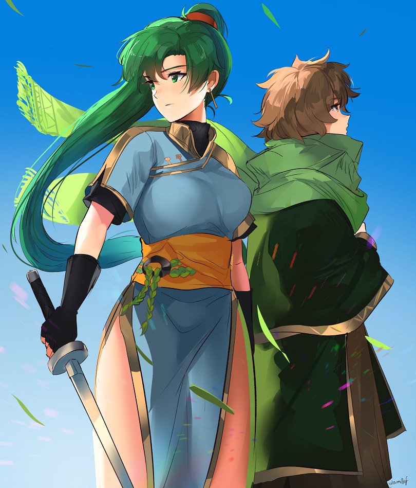 1boy 1girl earrings fingerless_gloves fire_emblem fire_emblem:_rekka_no_ken gloves green_eyes green_hair high_ponytail jewelry long_hair looking_at_viewer lyndis_(fire_emblem) ormille ponytail side_slit smile tactician_(fire_emblem)