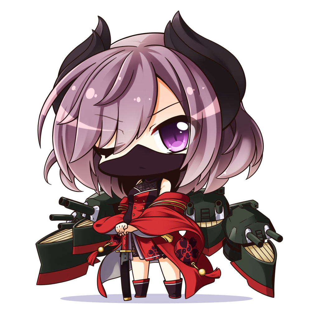 1girl azur_lane bangs black_footwear boots chibi commentary_request curled_horns dress eyebrows_visible_through_hair face_mask hair_between_eyes hands_on_hilt horns japanese_clothes katana kimono kirishima_(azur_lane) long_hair long_sleeves looking_at_viewer mask ninja off_shoulder one_eye_closed own_hands_together purple_hair red_dress red_kimono shachoo. sheath sheathed simple_background solo standing sword violet_eyes weapon white_background wide_sleeves