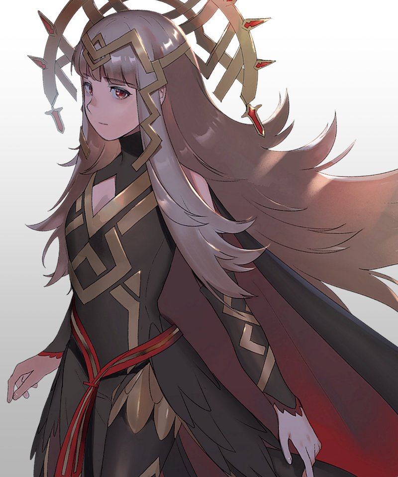 1girl armor cape cleavage_cutout commentary_request crown elbow_sleeve fire_emblem fire_emblem_heroes gloves grey_hair hair_ornament kyufe long_hair red_eyes solo veronica_(fire_emblem)