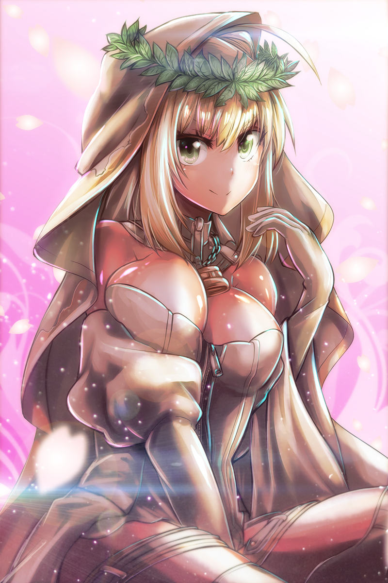 1girl ahoge bangs between_legs blonde_hair breasts bridal_veil chains closed_mouth detached_sleeves elbow_gloves eyebrows eyebrows_visible_through_hair fate/extra fate/extra_ccc fate_(series) full-length_zipper gloves green_eyes hair_between_eyes hair_intakes hand_between_legs head_wreath highres leaf leotard light_particles lock long_hair long_sleeves medium_breasts nero_claudius_(bride)_(fate) nero_claudius_(fate)_(all) petals puffy_long_sleeves puffy_sleeves smile solo strapless strapless_leotard thigh-highs thigh_strap tom_(drpow) v-shaped_eyebrows veil white_gloves white_legwear white_leotard wide_sleeves zipper zipper_pull_tab