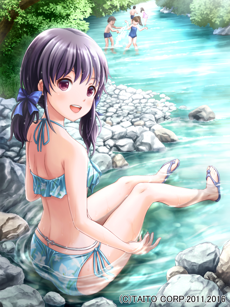 2boys 3girls :d bikini black_hair blue_bikini blue_footwear blue_swimsuit brown_hair bush day floral_print highres ilog looking_at_viewer multiple_boys multiple_girls official_art open_mouth outdoors pink_swimsuit plant ponytail sandals short_twintails side-tie_bikini sitting smile solo_focus splashing swimsuit twintails uchida_masahiro violet_eyes