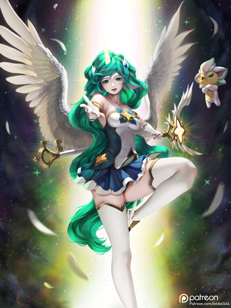 1girl alternate_costume alternate_skin_color animal_ears armlet bare_shoulders blue_skirt breasts collarbone commentary_request feathers gloves green_eyes green_hair holding holding_staff horn league_of_legends letdie1414 long_hair looking_at_viewer magical_girl medium_breasts miniskirt one_leg_raised open_mouth outstretched_arms patreon_logo patreon_username pleated_skirt skirt soraka staff star_guardian_soraka very_long_hair watermark web_address white_gloves white_legwear wings