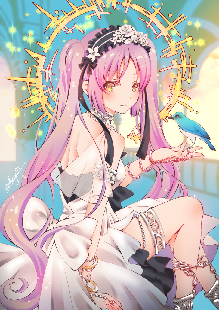 1girl animal bangs bare_shoulders bird bird_on_finger blush bow bracelet brown_eyes commentary_request dress euryale eyebrows_visible_through_hair fate/hollow_ataraxia fate_(series) jewelry long_hair looking_at_viewer looking_to_the_side parted_lips purple_hair see-through sheepd sitting sleeveless sleeveless_dress solo twintails twitter_username very_long_hair white_bow white_dress