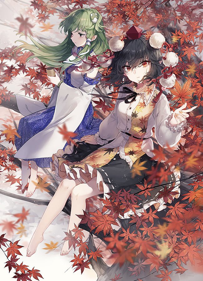 2girls album_cover autumn_leaves bangs bare_legs barefoot black_hair black_ribbon black_skirt blue_skirt bracelet commentary_request cover cup detached_sleeves eyebrows_visible_through_hair fingernails frog_hair_ornament green_hair hair_ornament hair_ribbon hand_up hat holding holding_cup in_tree jewelry kieta kochiya_sanae leaf long_hair long_skirt looking_at_viewer miniskirt multiple_girls neck_ribbon pom_pom_(clothes) red_eyes red_hat red_ribbon ribbon ribbon-trimmed_skirt ribbon_trim shameimaru_aya shirt sitting skirt snake_hair_ornament tokin_hat touhou tree white_shirt wide_sleeves wind