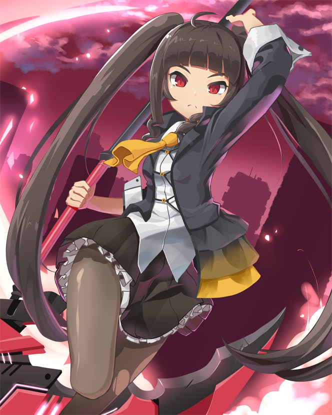 1girl ahoge ascot bangs black_hair black_legwear black_skirt blunt_bangs city frilled_skirt frills holding holding_weapon jacket lily_bloomerchen long_hair looking_at_viewer open_clothes open_jacket pantyhose red_eyes scythe shirt skirt sky solo soul_worker ssorasora tied_hair twintails weapon white_shirt yellow_neckwear