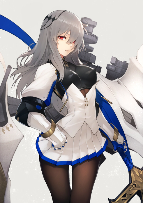 1girl azur_lane breasts brown_legwear closed_mouth corset cowboy_shot elbow_gloves flat_chest gloves gradient gradient_background grey_background hair_over_one_eye hand_on_hip hand_on_own_chest impossible_clothes kyoeiki long_hair looking_at_viewer machinery medium_breasts pantyhose pleated_skirt puffy_short_sleeves puffy_sleeves red_eyes rigging saint-louis_(azur_lane) short_sleeves silver_hair skirt solo standing thigh_gap very_long_hair white_gloves white_skirt