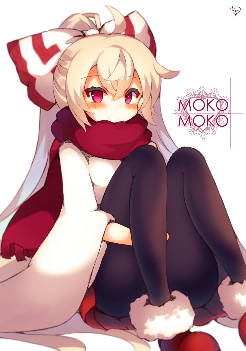 1girl ahoge bangs black_legwear blush bow closed_mouth convenient_leg eyebrows_visible_through_hair fringe fujiwara_no_mokou fur-trimmed_boots fur_trim hair_between_eyes hair_bow high_ponytail highres jacket light_brown_hair long_hair long_sleeves looking_at_viewer muuran pantyhose pleated_skirt ponytail red_footwear red_scarf red_skirt scarf sidelocks signature simple_background sitting skirt smile solo touhou very_long_hair violet_eyes white_background white_bow white_jacket wide_sleeves