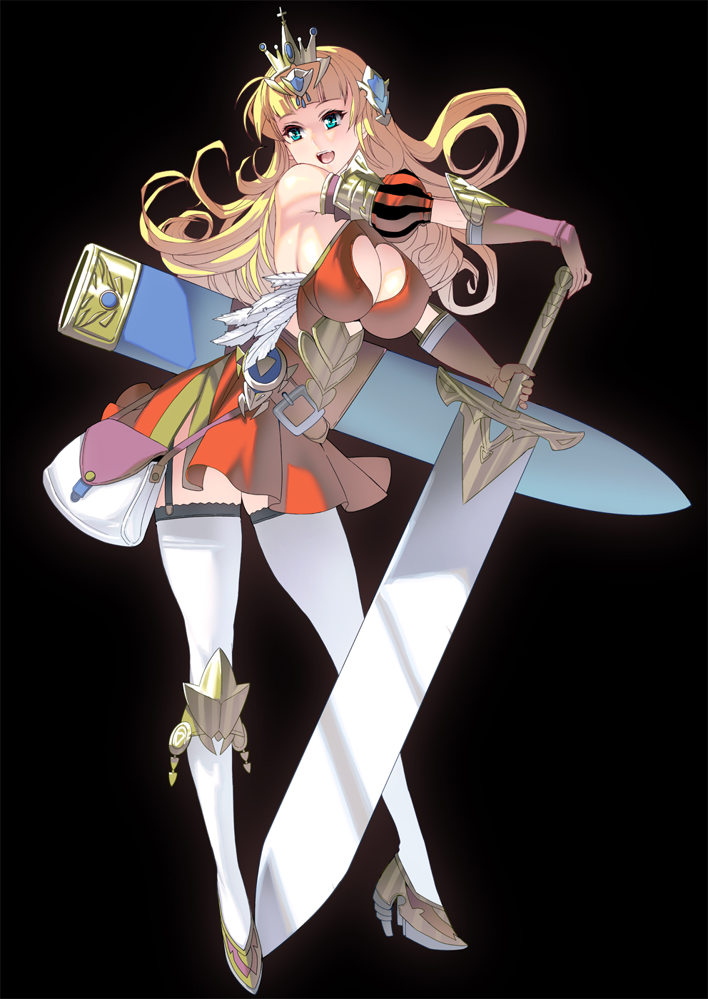 1girl bag bare_shoulders blonde_hair breasts cleavage crown curvy dress gloves green_eyes high_heels highres large_breasts long_hair masao open_mouth original plump princess sleeveless solo sword thigh-highs weapon
