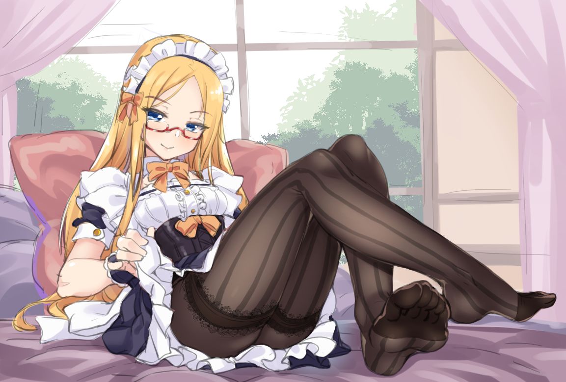 1girl abigail_williams_(fate/grand_order) alternate_costume ass bangs bed bespectacled blonde_hair blue_eyes bow breasts closed_mouth curtains enmaided eyebrows_visible_through_hair fate/grand_order fate_(series) feet forehead glasses legs_crossed lifted_by_self long_hair looking_at_viewer lying maid maid_headdress medium_breasts merufena no_shoes on_back on_bed orange_bow pantyhose parted_bangs pillow red-framed_eyewear semi-rimless_eyewear short_sleeves skirt skirt_lift smile solo striped striped_legwear thighband_pantyhose tree tsurime under-rim_eyewear vertical-striped_legwear vertical_stripes window wrist_cuffs