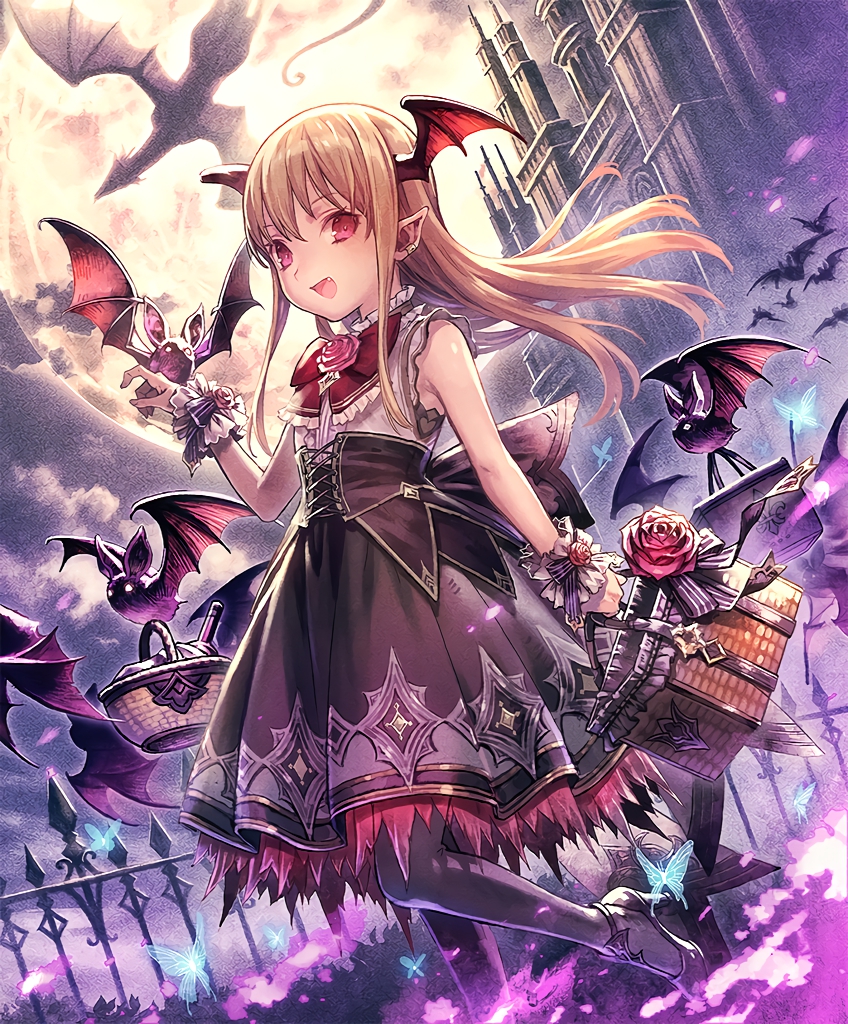 1girl :d artist_request basket bat brown_hair bug butterfly castle cygames dragon earrings eyebrows_visible_through_hair fang flower frilled_skirt frills full_moon head_wings high_heels insect jewelry long_hair looking_at_viewer moon official_art open_mouth pointy_ears red_eyes rose shadowverse shingeki_no_bahamut skirt sleeveless smile solo vampire vampy