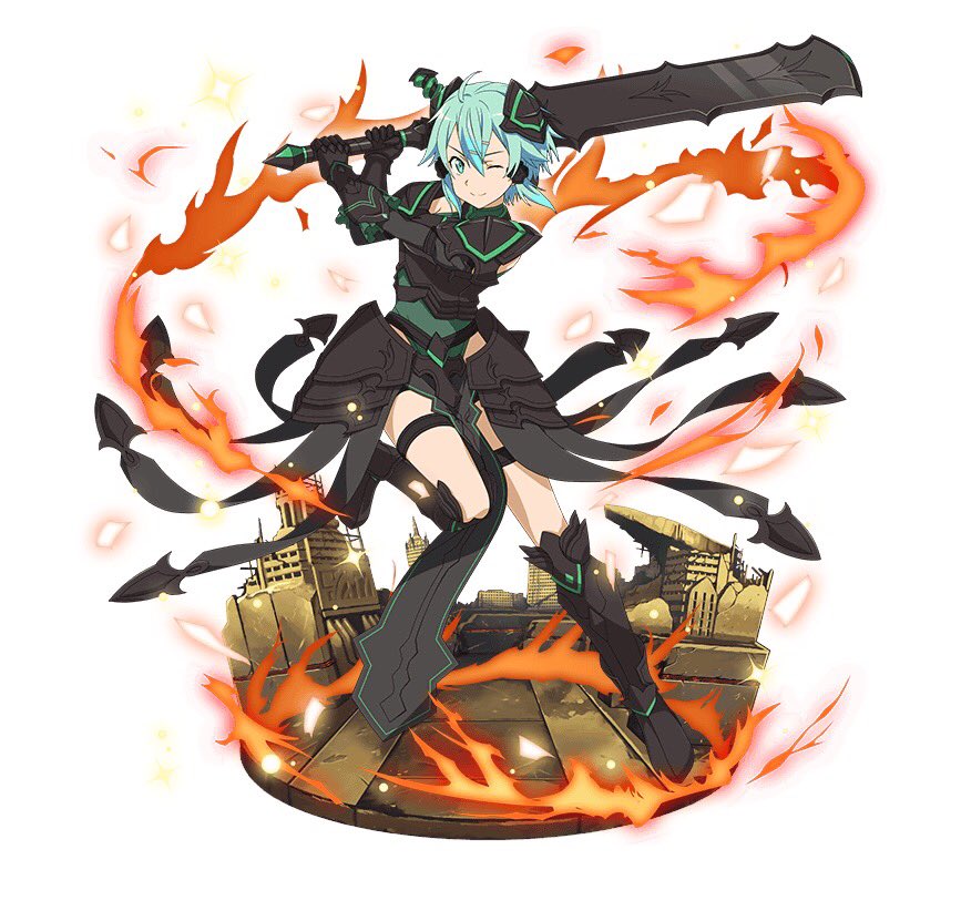 1girl ;) ahoge aqua_eyes aqua_hair armor black_footwear boots faux_figurine fire full_body gauntlets green_leotard hair_between_eyes hair_ornament hairclip holding holding_weapon knee_boots leotard looking_at_viewer one_eye_closed one_leg_raised shinon_(sao-alo) short_hair sidelocks simple_background smile solo spaulders sword sword_art_online thigh_strap weapon white_background