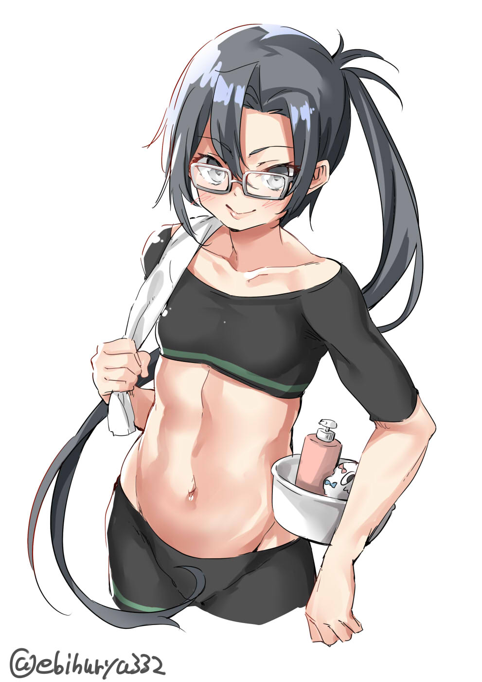 1girl abs amagiri_(kantai_collection) asymmetrical_bangs bad_perspective bad_proportions bangs basin bike_shorts black_shorts bottle cowboy_shot ebifurya glasses grey_eyes grey_hair groin hair_between_eyes highres kantai_collection long_hair looking_at_viewer midriff miss_cloud navel ponytail shorts solo squirt_bottle tsurime twitter_username undershirt very_long_hair