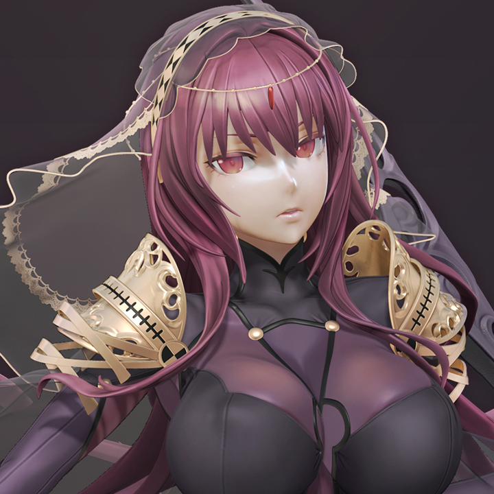 1girl 3d bodysuit boots breasts erect_nipples fate/grand_order fate_(series) high_heel_boots high_heels large_breasts leslyzerosix long_hair looking_at_viewer parted_lips pauldrons purple_hair red_eyes scathach_(fate/grand_order) solo veil