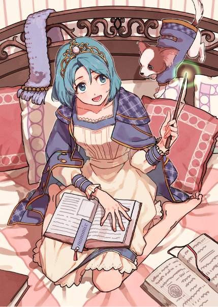 1girl :d barefoot blue_eyes blue_hair book cape commentary_request copyright_request crown dog dress eyebrows_visible_through_hair fingernails holding long_sleeves magic on_bed open_book open_mouth pillow short_hair sitting smile solo sonomura wand wariza yellow_dress