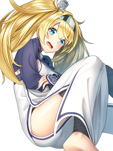 1girl ainu_clothes alternate_costume bandage bandaged_arm bangs barefoot black_legwear blonde_hair blue_eyes blush commentary_request cosplay eyebrows_visible_through_hair gambier_bay_(kantai_collection) hair_between_eyes hairband headband kamoi_(kantai_collection) kamoi_(kantai_collection)_(cosplay) kantai_collection kyon_(fuuran) long_hair long_sleeves looking_at_viewer open_mouth simple_background solo thigh-highs toeless_legwear twintails white_background wrist_guards