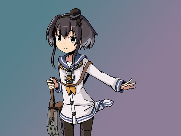 1girl adrian_ferrer black_hair brown_eyes commentary dress english_commentary gradient gradient_background gradient_hair grey_hair hat kantai_collection mini_hat multicolored_hair neckerchief pantyhose sailor_collar sailor_dress shirt short_hair_with_long_locks smile solo tied_shirt tokitsukaze_(kantai_collection)