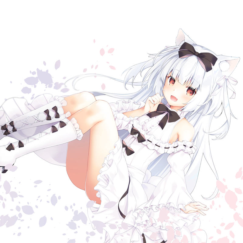 1girl :d animal_ears azur_lane bangs bare_shoulders boots brown_eyes cat_ears center_frills commentary_request dress dutch_angle eyebrows_visible_through_hair fang frilled_boots frilled_dress frills juliet_sleeves kanora knee_boots long_hair long_sleeves looking_at_viewer off-shoulder_dress off_shoulder open_mouth puffy_sleeves shirt silver_hair sitting sleeves_past_wrists smile solo very_long_hair white_dress white_legwear white_shirt wide_sleeves yukikaze_(azur_lane)