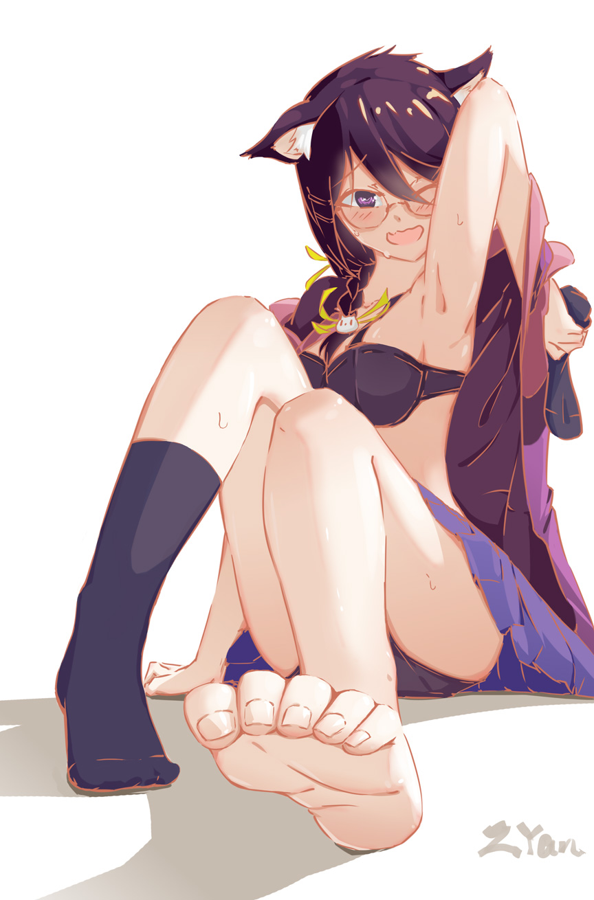 1girl animal_ears arm_support armpits bakemonogatari black_bra black_hair blush bra braid breasts cat_ears commentary_request glasses hanekawa_tsubasa highres kizumonogatari large_breasts long_hair monogatari_(series) one_eye_closed open_mouth rock2007 single_sock sitting skirt socks soles solo toes twin_braids underwear undressing violet_eyes