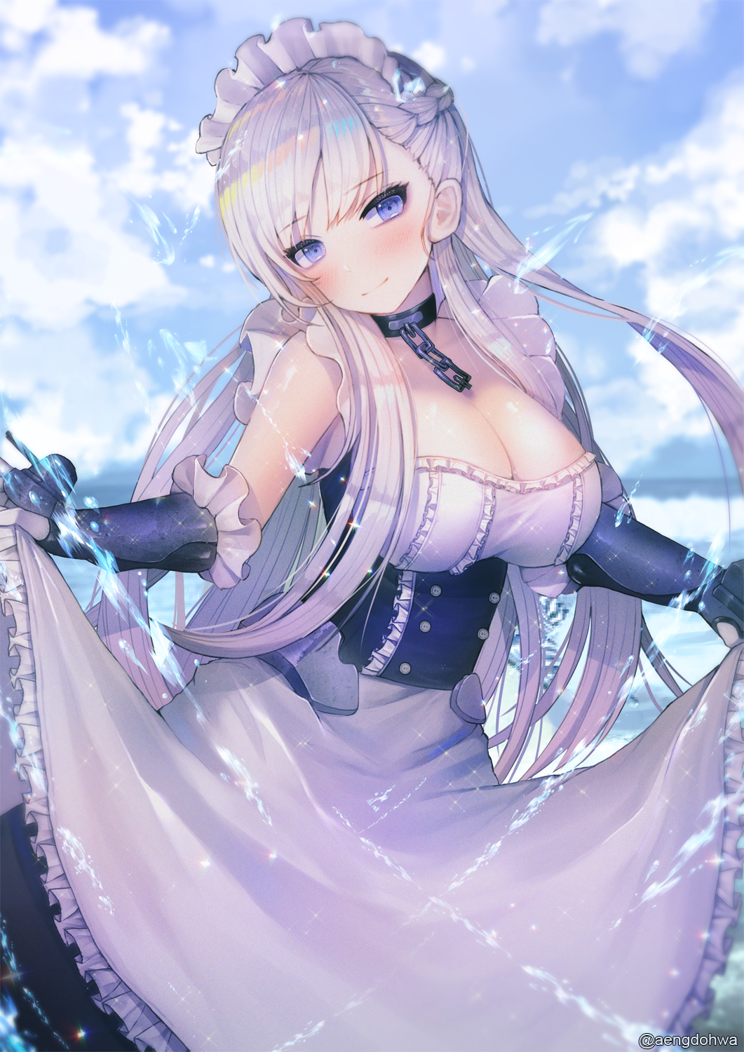 1girl apron azur_lane bangs belfast_(azur_lane) blue_eyes blue_sky blush braid breasts chains choker cleavage closed_mouth clouds collarbone cowboy_shot day dress dress_lift elbow_gloves eyebrows_visible_through_hair floating_hair french_braid frilled_gloves frilled_sleeves frills gauntlets gloves hanato_(seonoaiko) head_tilt highres large_breasts light_particles long_hair looking_at_viewer maid maid_headdress outdoors shiny shiny_skin sidelocks silver_hair sky smile solo sparkle splashing twitter_username water water_drop white_gloves