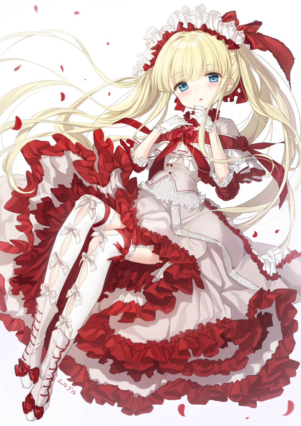 1girl bangs blonde_hair blue_eyes blunt_bangs blush bow capelet dress frilled_dress frills full_body garter_straps gloves grey_dress grey_footwear hands_up highres invisible_chair layered_dress long_hair mullpull original petals red_bow sitting solo thigh-highs twintails very_long_hair white_capelet white_gloves white_legwear