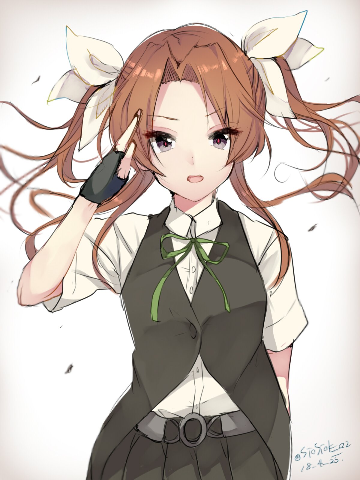 1girl ahoge black_gloves black_shorts brown_hair commentary_request fingerless_gloves gloves green_ribbon hair_ribbon highres kagerou_(kantai_collection) kantai_collection long_hair looking_at_viewer neck_ribbon remodel_(kantai_collection) ribbon salute school_uniform short_sleeves shorts simple_background siosiok_02 solo twintails twitter_username vest white_background white_ribbon