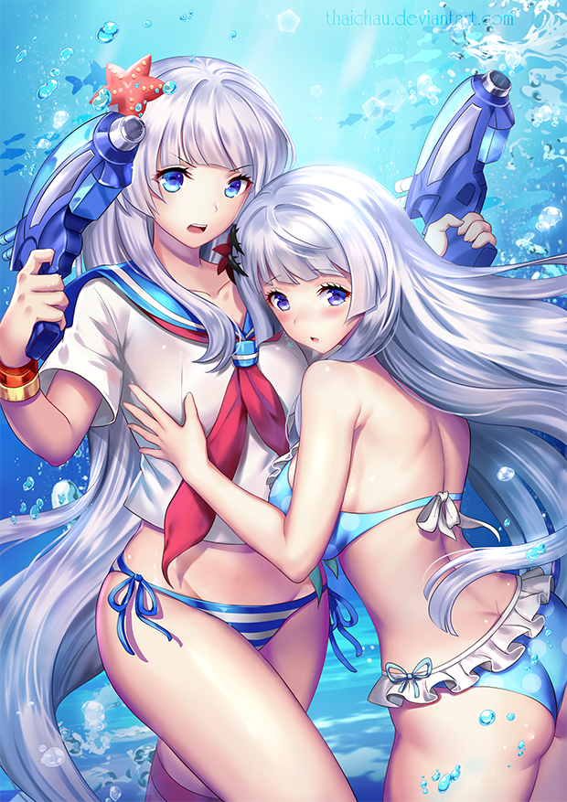 2girls :o air_bubble ass back backlighting bangs bare_arms bare_shoulders bikini blue_bikini blue_sailor_collar blunt_bangs blush breast_grab breasts bubble butt_crack cowboy_shot dual_wielding eyebrows_visible_through_hair fish frilled_bikini frills grabbing holding large_breasts leaning_forward long_hair looking_at_viewer medium_breasts multiple_girls neckerchief open_mouth original pham_thai_chau red_neckwear sailor_collar school_of_fish school_uniform serafuku shiny shiny_hair shiny_skin short_sleeves sideboob silver_hair single_thighhigh standing starfish_hair_ornament striped_bikini_bottom swimsuit thigh-highs thighs v-shaped_eyebrows very_long_hair w_arms water water_drop water_gun