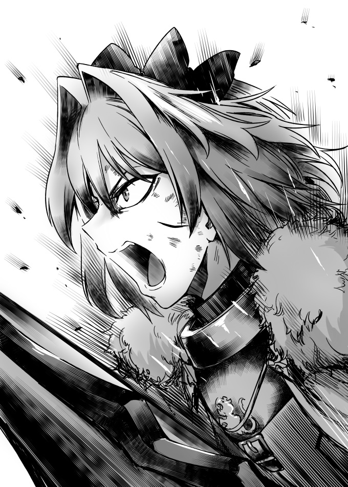 1boy armor astolfo_(fate) bow cuts emphasis_lines fate_(series) greyscale hair_bow hair_intakes injury male_focus monochrome open_mouth profile sword toritora weapon white_background