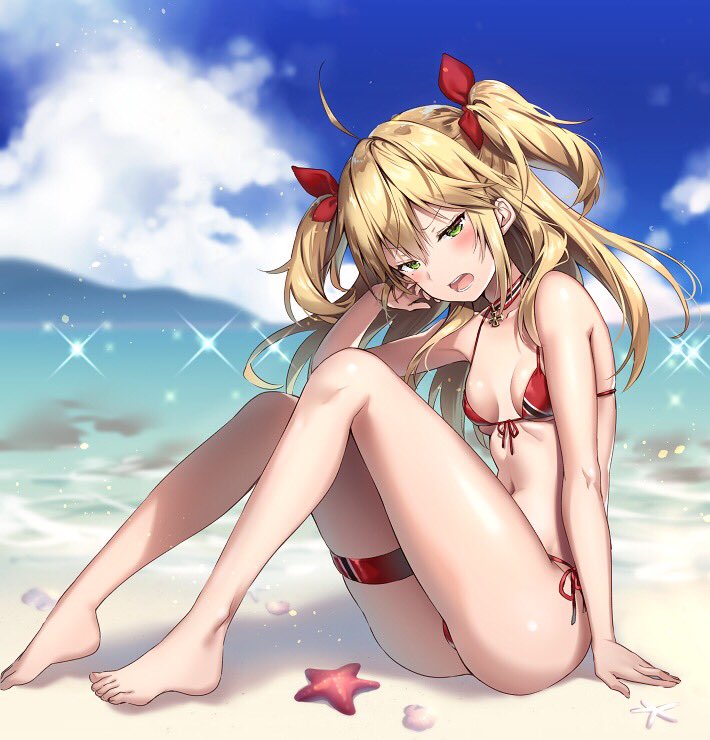 1girl admiral_hipper_(azur_lane) ahoge alternate_costume arm_support ass azur_lane bangs bare_arms barefoot beach bikini blonde_hair blue_sky blush breasts choker clouds eyebrows_visible_through_hair front-tie_bikini front-tie_top green_eyes hair_between_eyes hair_ribbon head_tilt iron_cross long_hair looking_at_viewer mole mole_under_eye ocean open_mouth red_bikini red_ribbon ribbon riichu sand side-tie_bikini sitting sky solo sparkle starfish swimsuit thigh_strap thighs two_side_up water