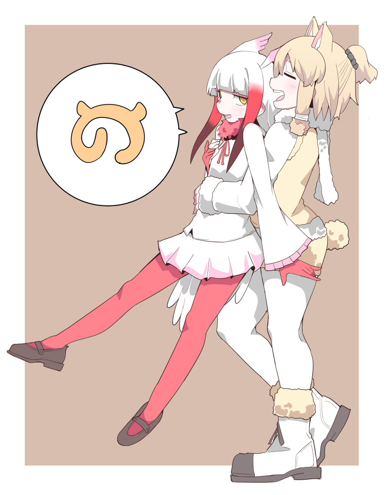 2girls alpaca_ears alpaca_suri_(kemono_friends) alpaca_tail animal_ears bangs beige_shorts beige_vest blonde_hair blunt_bangs boots brown_background closed_eyes extra_ears frame frilled_sleeves frills fur-trimmed_sleeves fur-trimmed_vest fur_collar fur_trim gloves hair_tie hand_on_another's_stomach hands_together head_wings hifumitaka hug hug_from_behind japanese_crested_ibis_(kemono_friends) japari_symbol kemono_friends long_sleeves miniskirt multicolored_hair multiple_girls open_mouth pantyhose pleated_skirt red_gloves red_legwear redhead short_ponytail shorts skirt speech_bubble tail tail_feathers white_footwear white_hair white_legwear white_skirt wide_sleeves yellow_eyes