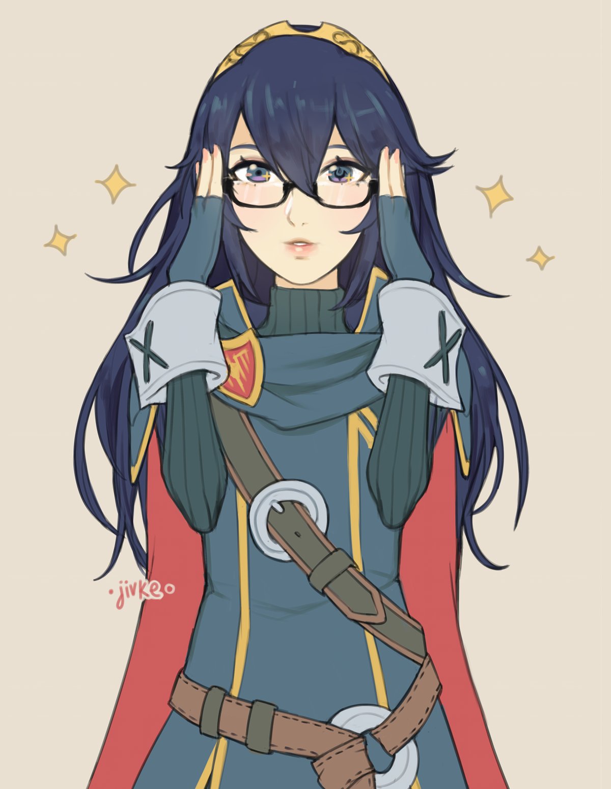 1girl blue_eyes blue_hair blush fingerless_gloves fire_emblem fire_emblem:_kakusei glasses gloves highres jivke long_hair looking_at_viewer lucina simple_background solo tiara